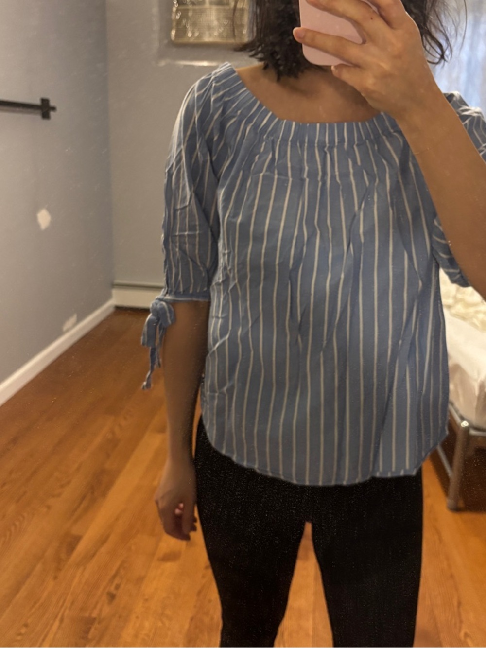 H&M Blue and White Vertical Striped Half Sleeve Off-Shoulder Blouse